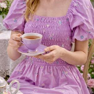 ENGLISH FACTORY Smocked Dress with Balloon Sleeves embroidered Cottage core